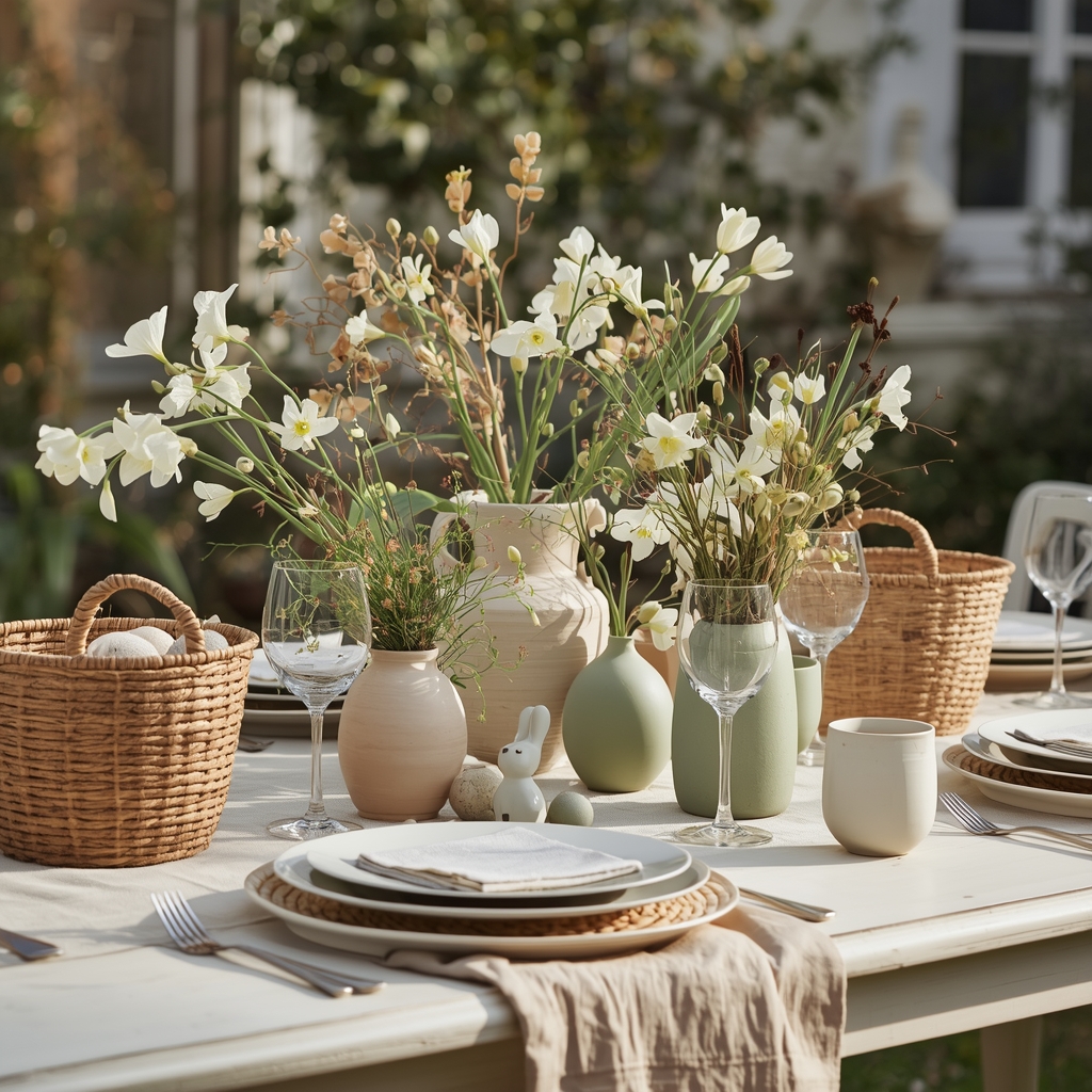 Table de printemps naturelle avec vases vert sauge, paniers en osier, fleurs blanches et détails de Pâques