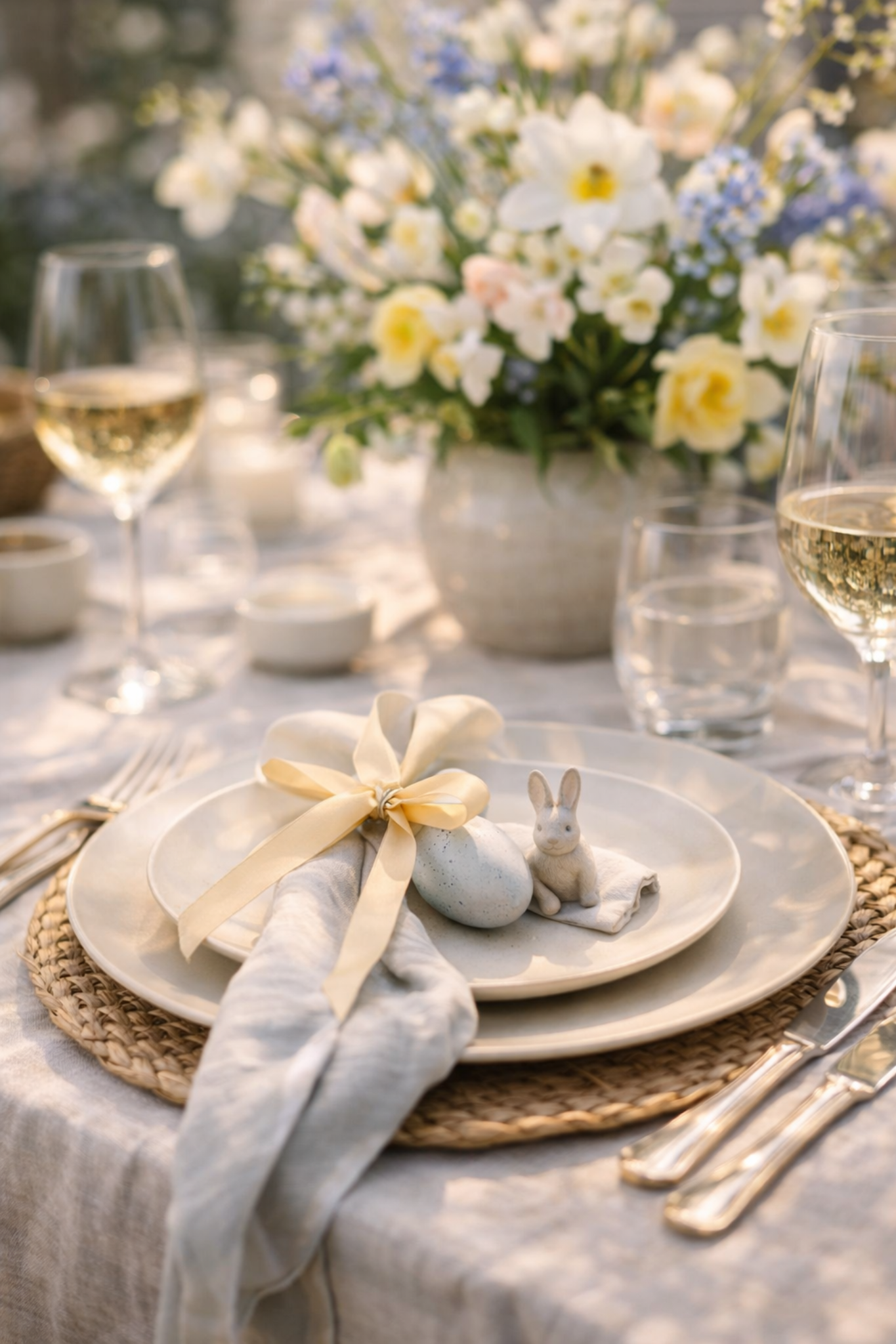 Détail d'une table de Pâques élégante avec assiette en céramique, serviette en lin nouée, œuf décoratif et petit lapin