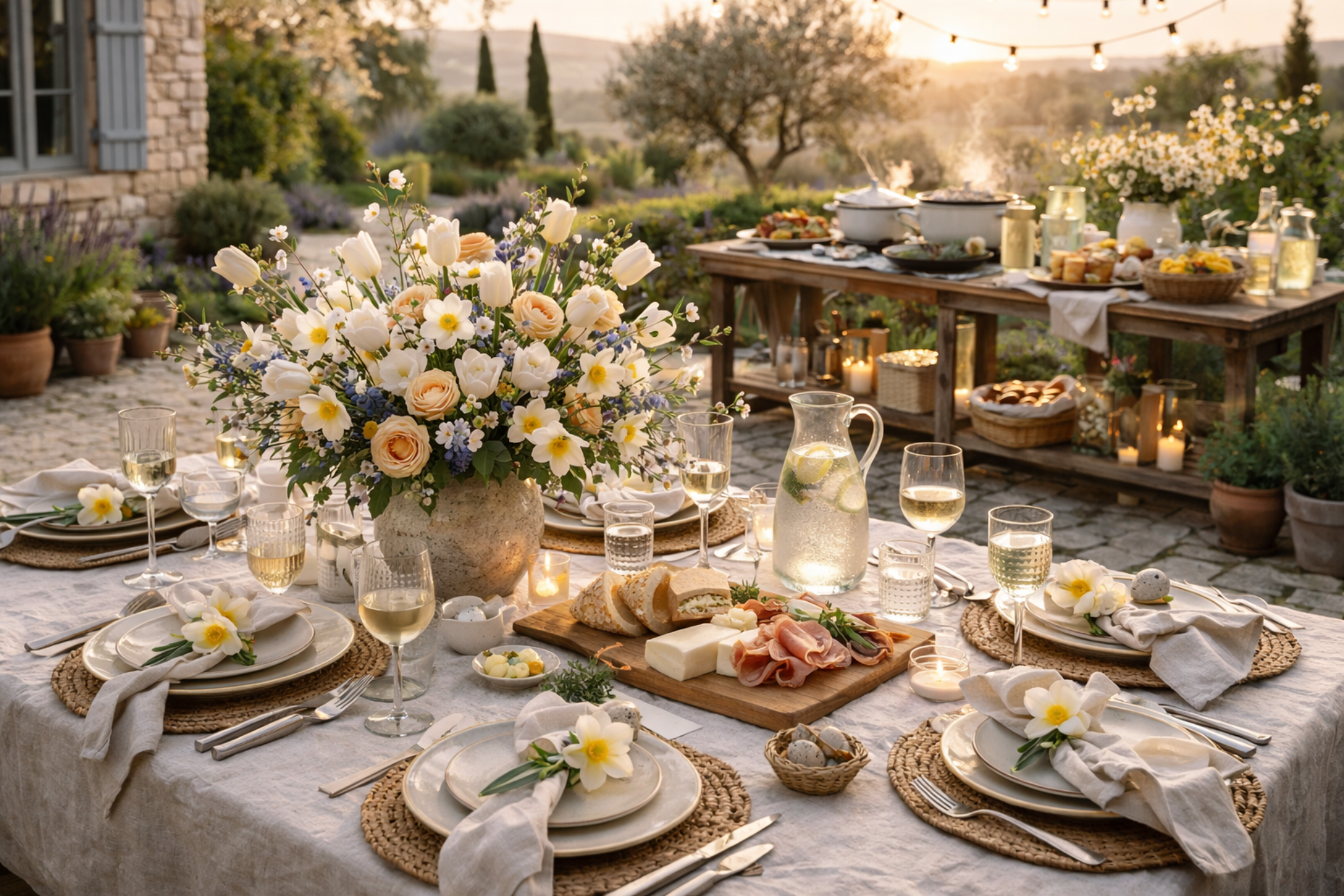 Table de Pâques chic et naturelle en extérieur, avec fleurs blanches, lin lavé, verrerie délicate et ambiance jardin